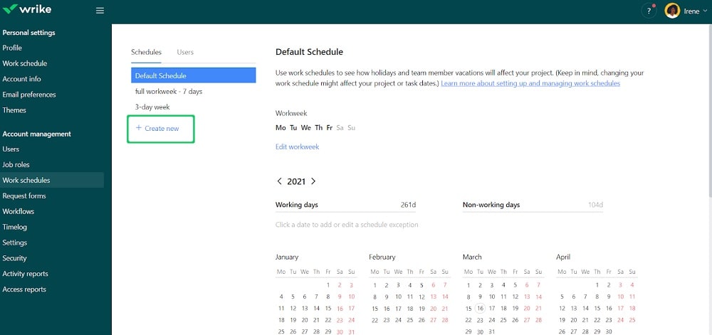 Customizable work scheduling in Wrike