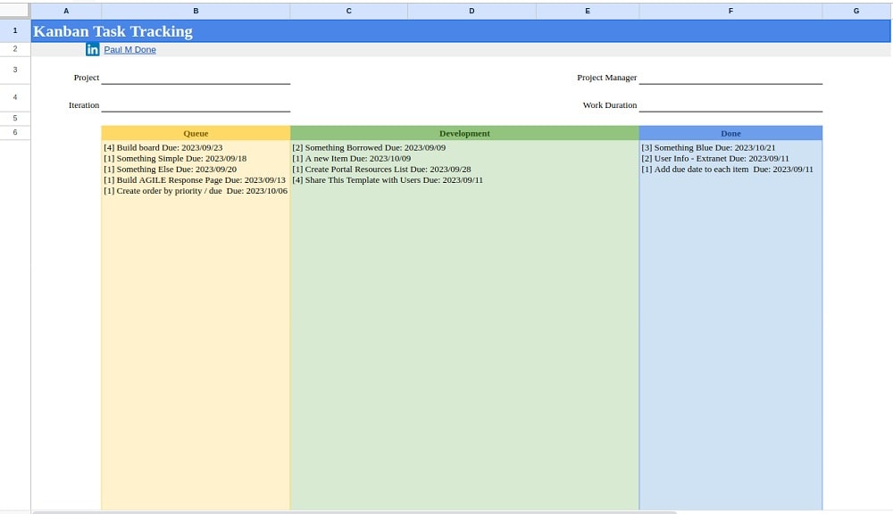 Google Sheets Kanban board template for project management