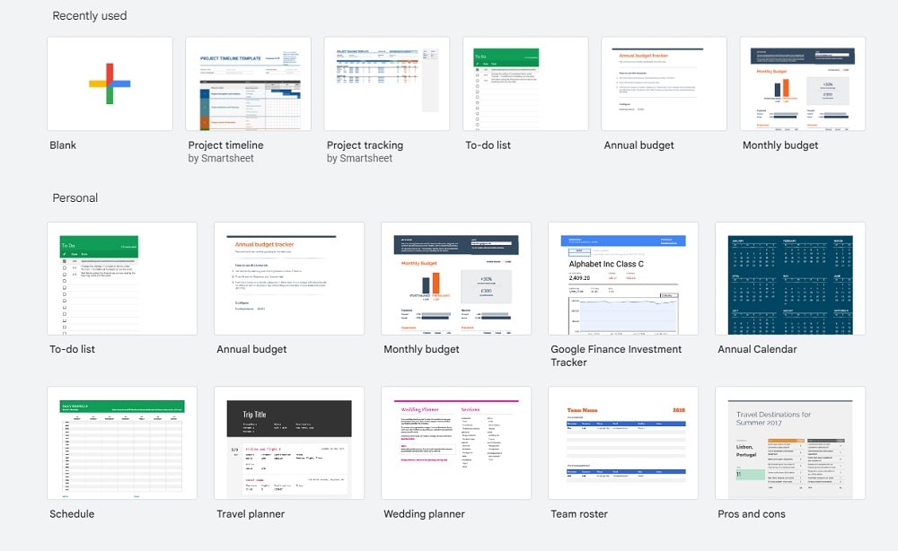 Google Sheets template gallery