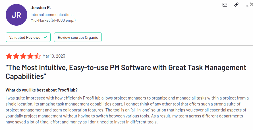 ProofHub verified customer review on G2 site