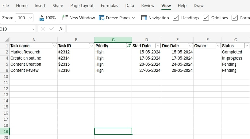 View applied filtered sheet